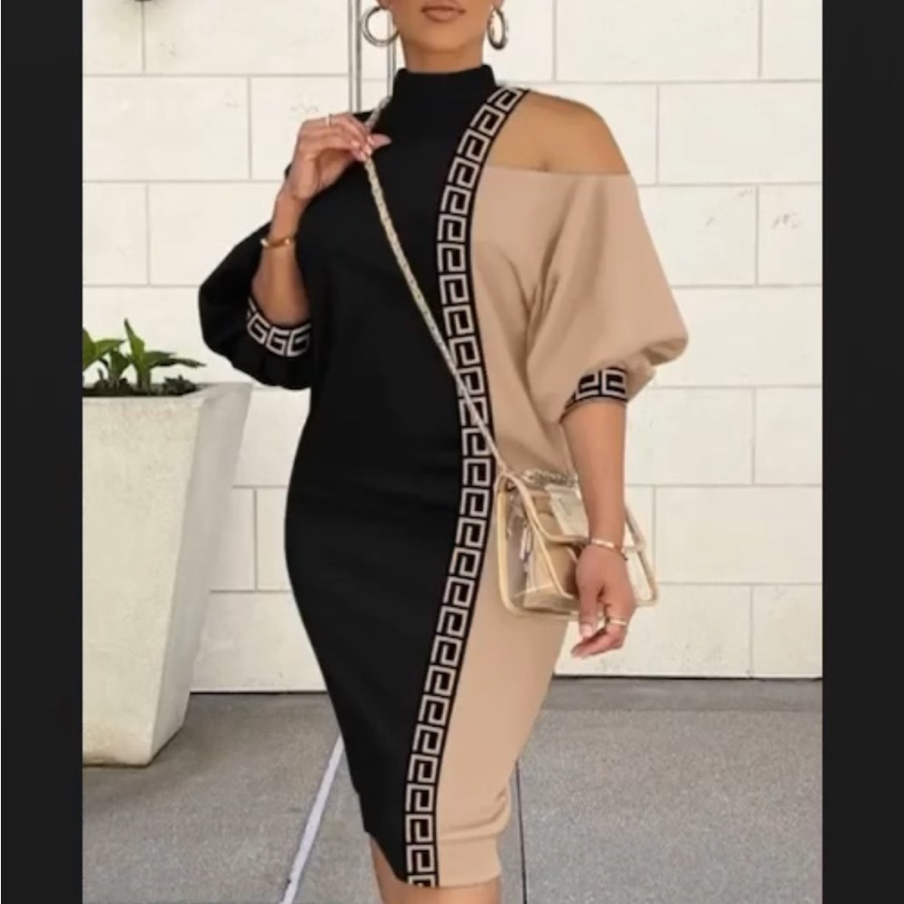 Tan and Black Asymmetrical Sheath Dress with Cold Shoulder